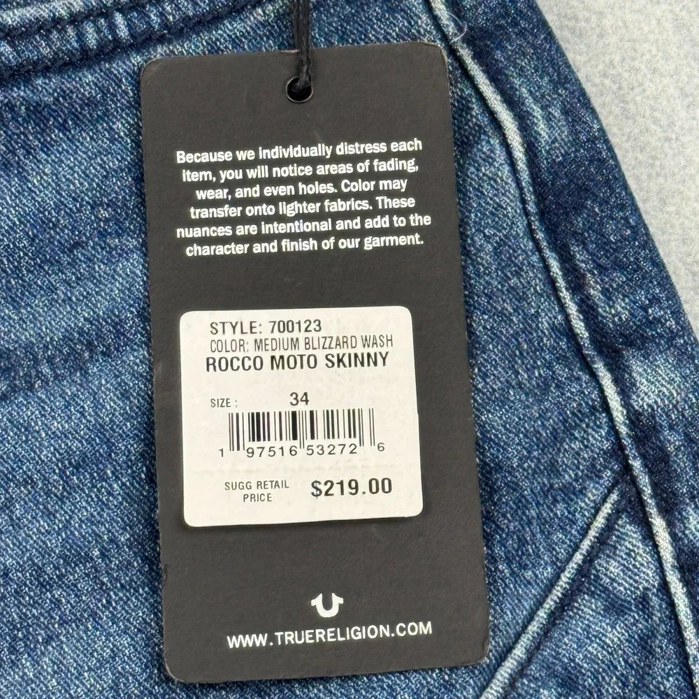 True Religion Jeans Mens 34X32 Blue Rocco Relaxed Moto Skinny Blizzard‎ Wash NWT
